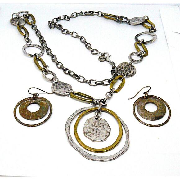 Ruby Rd Earrings & Necklace Silvertone Chain w Hammered Silver Brass Disc Loops - Picture 2 of 2